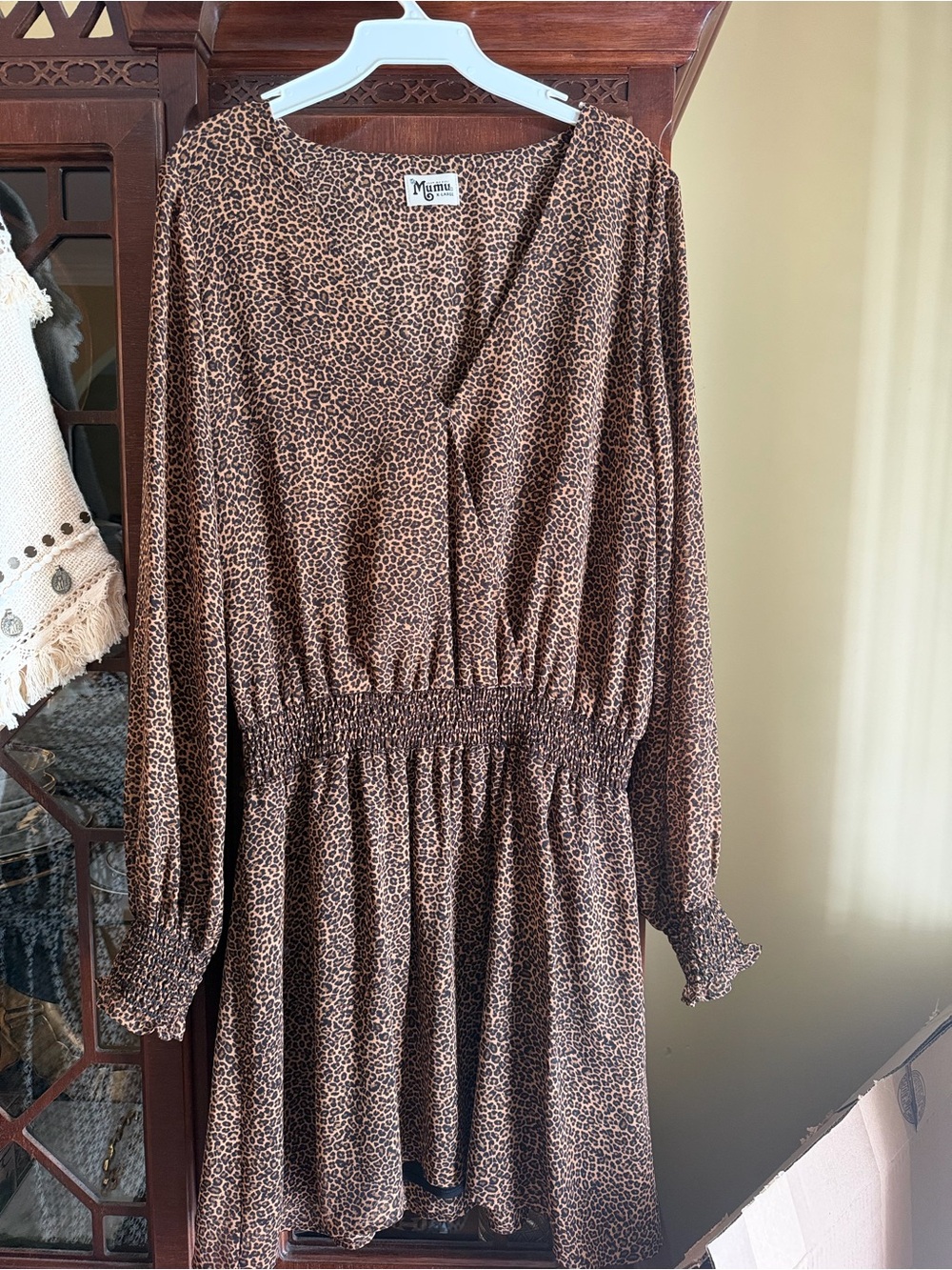 Show Me Your MuMu Brown Leopard Long Sleeve Smocked Waist Dress